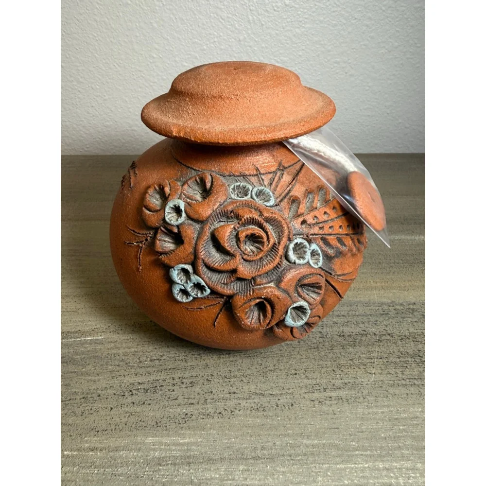 Signed Studio Pottery Oil Lamp 2001 Handmade Terracotta Floral – Decorative Only